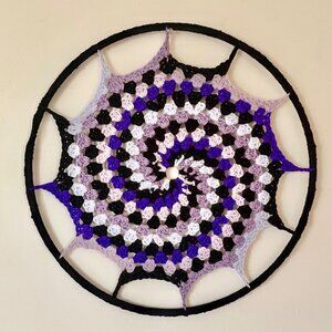 Crochet Mandala Wall Hanging Spiral Pattern Handmade Purple Violet Black 16"